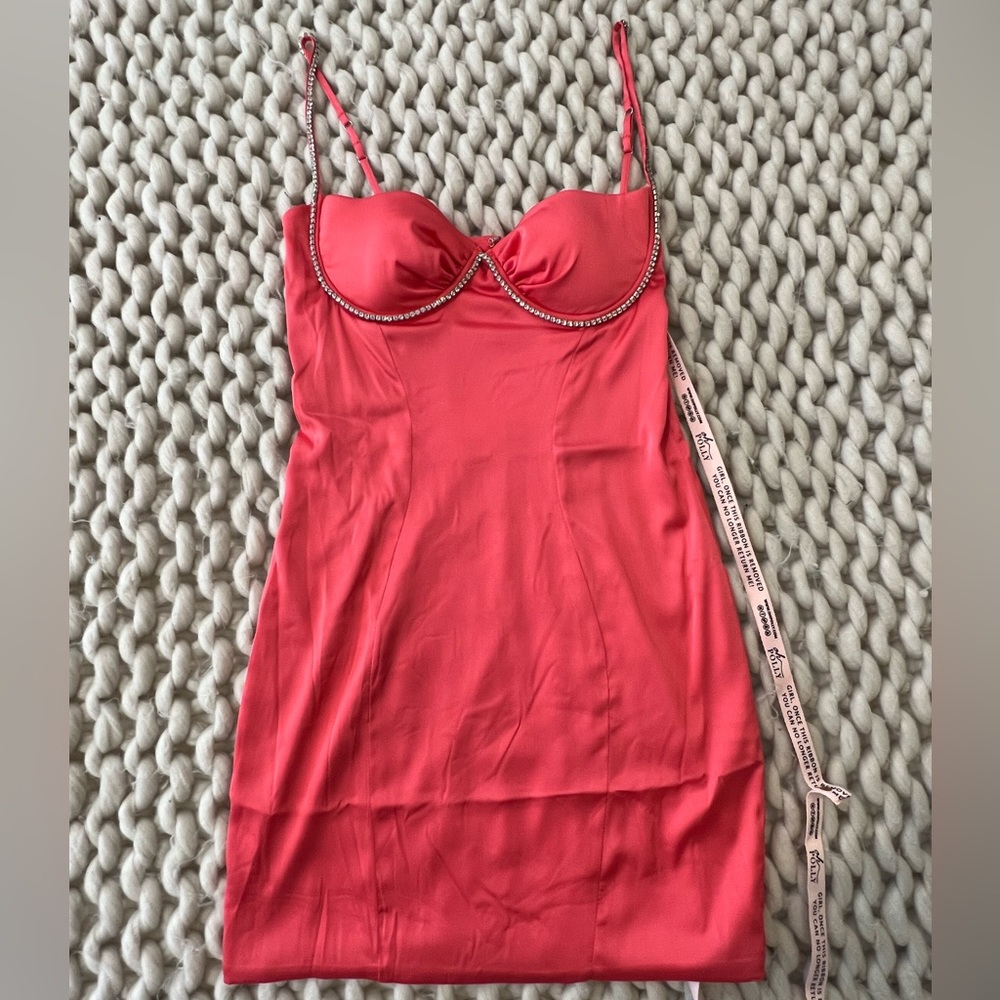 Oh Polly Coral Embellished Satin Dress
